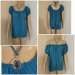 Lena Jeans 1X 14 16 Teal Jeweled O-Ring Aqua Blue Green Blouson Peasant Top